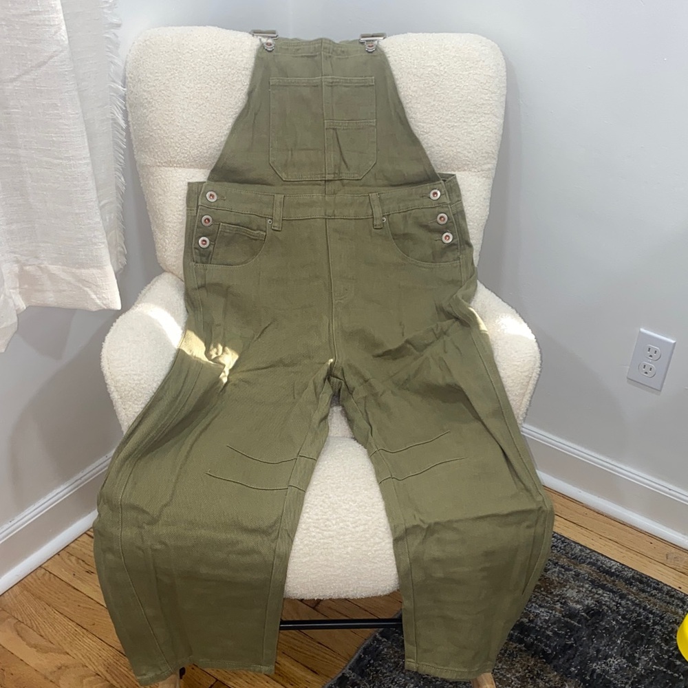 Olive Green Denim Barrel Overalls